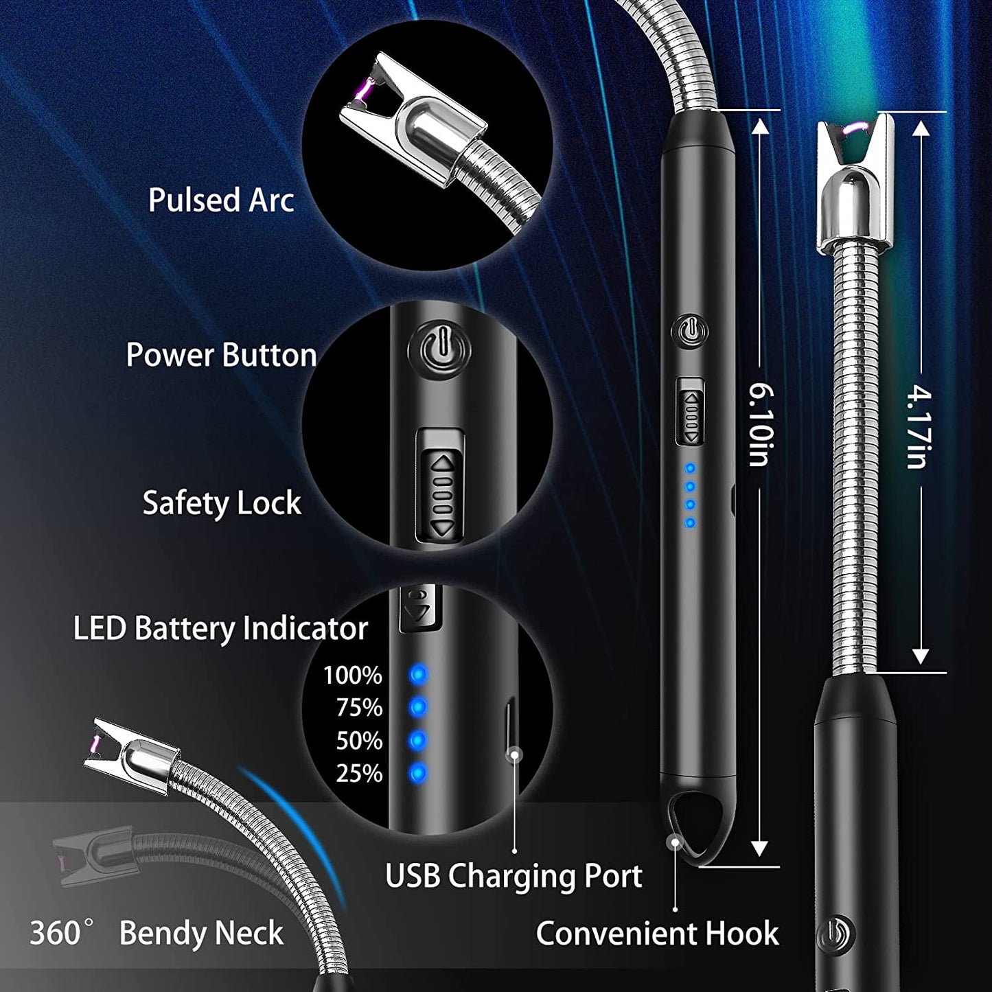KTEBO 2Pcs Rechargeable Electric Lighters, Type-C Long Lighter Use Plasma Arc to Light Candle, Windproof Arc Lighter, Candle Lighter, BBQ Grill Lighter, Camping Accessories