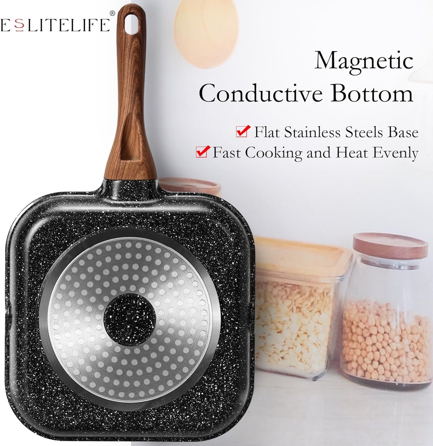 Nonstick Grill Pan for Stove Tops, 9.5 Inch Granite Coating Square Grill Skillet with Pour Spouts, Compatible with All Stovetops (Gas, Electric & Induction), PFOA Free