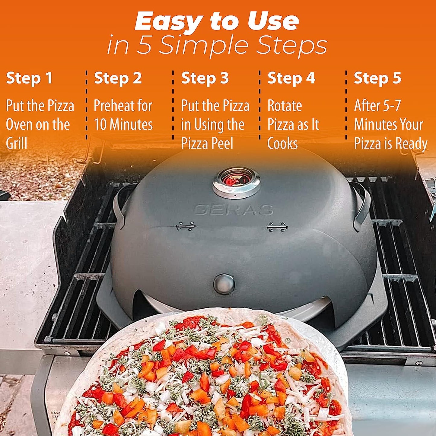 Geras Pizza Oven for Grill - Grill Top Pizza Maker for outside - Pizza Stone, Pizza Peel Kit - Outdoor Small Portable Backyard BBQ Pizzas Maker Charcoal Grill, Pellet, Propane Gas and Wood Fire