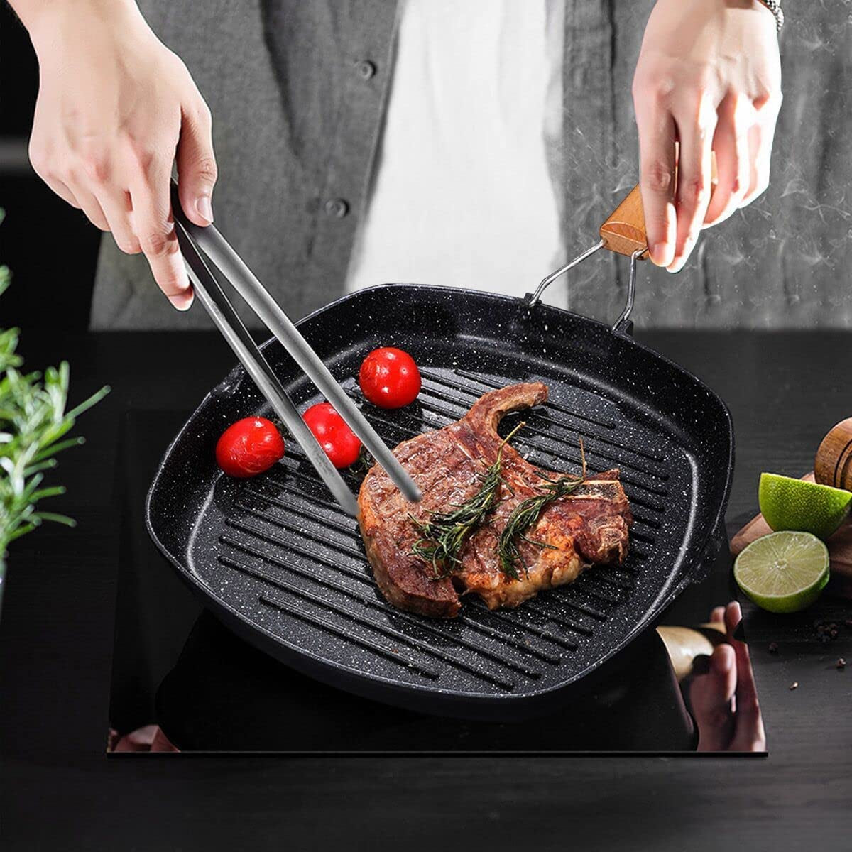 Non-Stick Grill Pan with Folding Handle for Meat, Fish and Vegetables for All Heat Sources 24Cm/9.4In for Stove Tops, Induction, Black