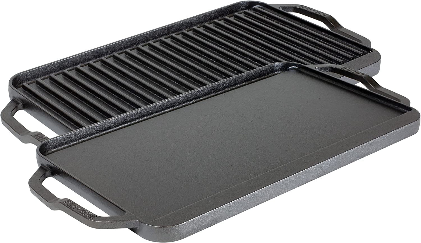 Chef Collection Cast Iron Reversible Grill/Griddle - Cast Iron Flat Griddle & Grill for Stovetop, Oven, Grill, or Open Fire - Double Burner Cast Iron Skillet with Handles