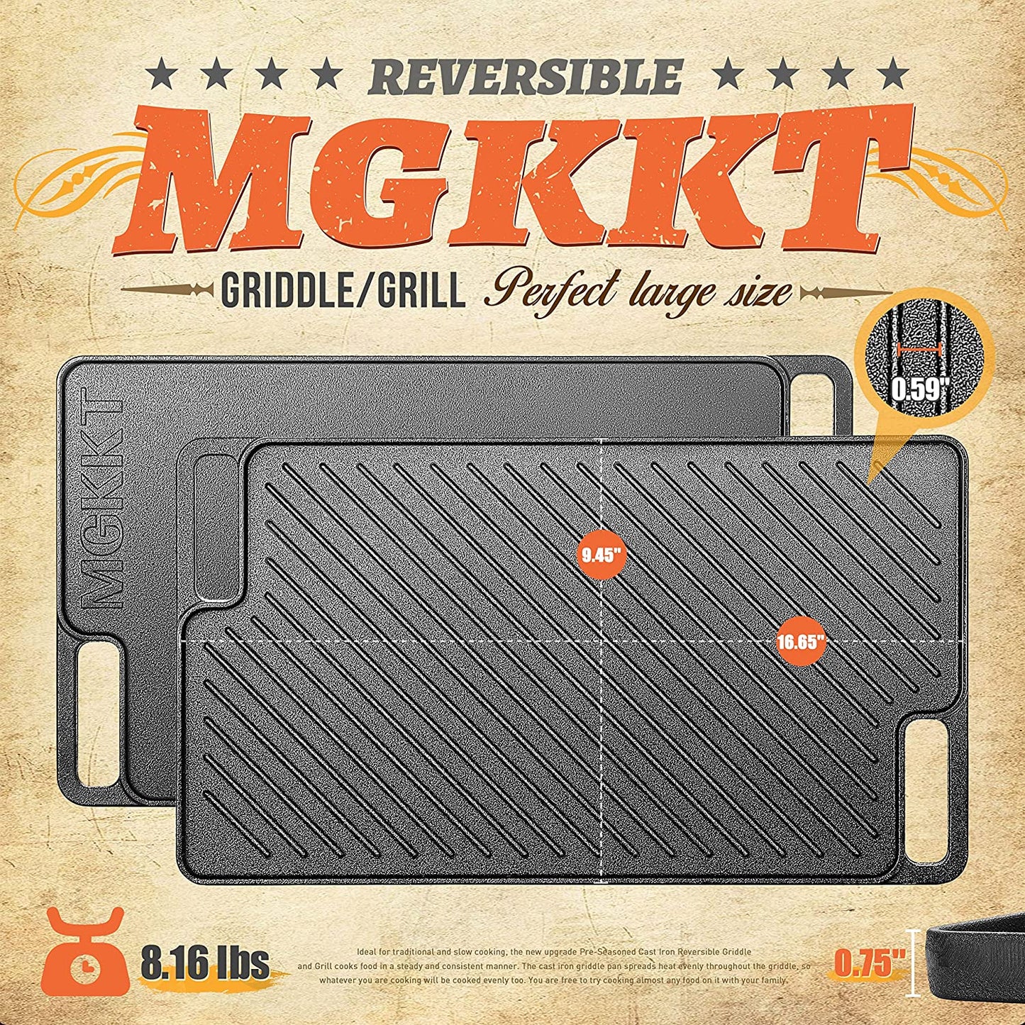 1-Piece 16.50 Inch Cast Iron Griddle Plate | Reversible Pre-Seasoned Cast Iron Grill Pan for Gas Stovetop | Double Sided Used on Open Fire & in Oven | Pre-Coated with Oil