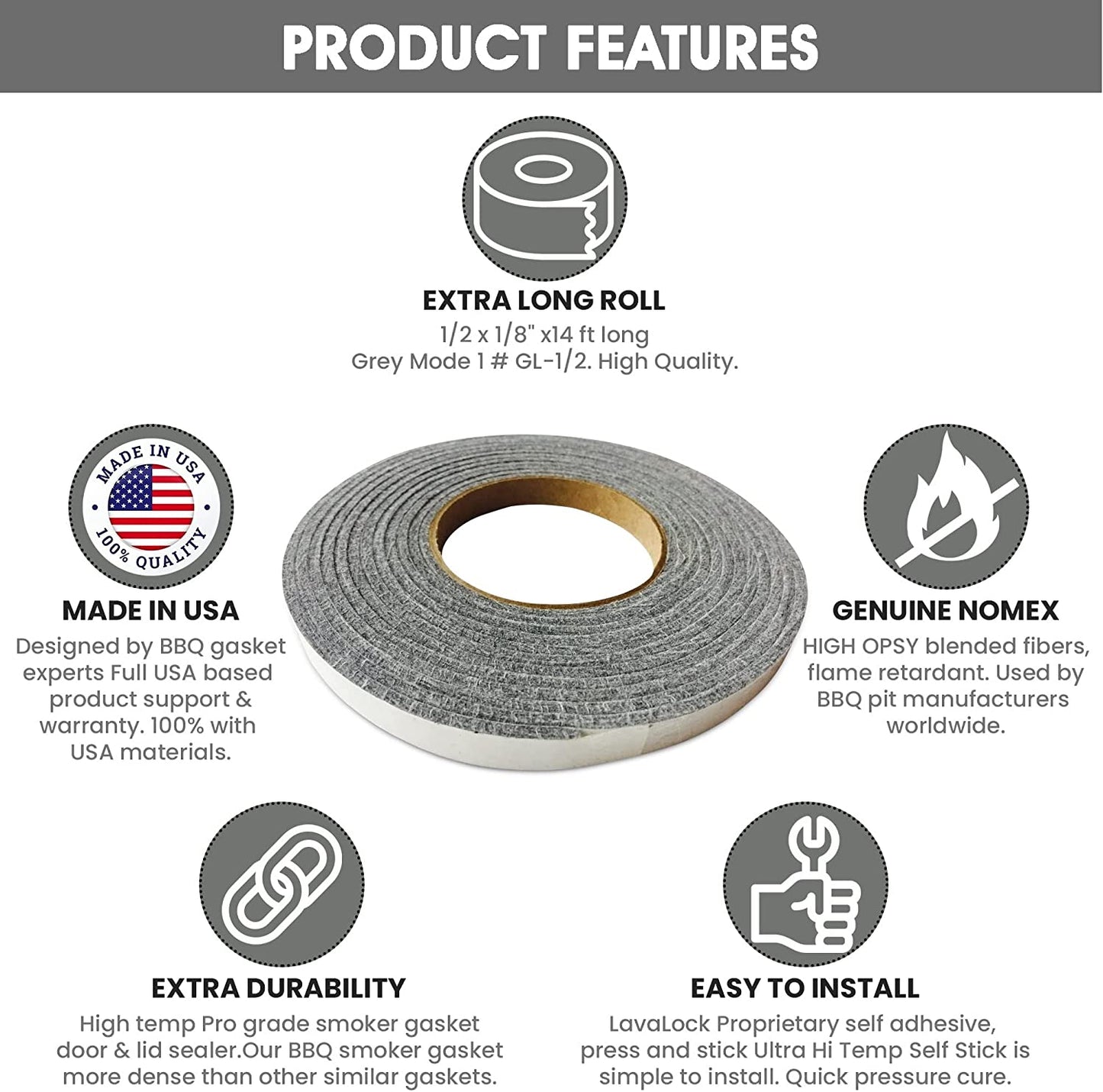 1/2" X 1/8" Lavalock High Temp BBQ Gasket Smoker Seal for Nomex Door Lid, Self Stick Grey