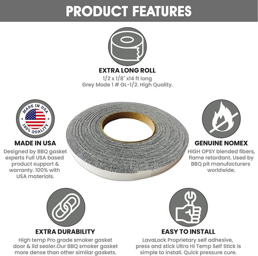 1/2" X 1/8" Lavalock High Temp BBQ Gasket Smoker Seal for Nomex Door Lid, Self Stick Grey