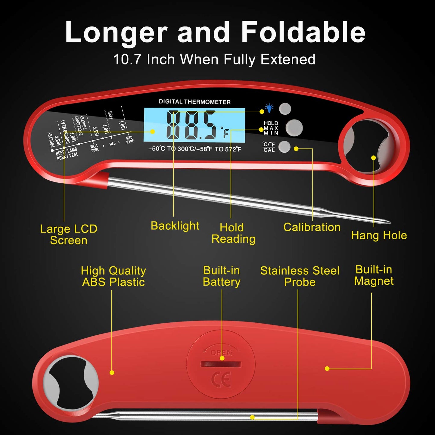 Digital Meat Thermometer for Cooking and Grilling, 2S Instant Read & High Accuracy & IP67 Waterproof, for Kitchen Food Candy