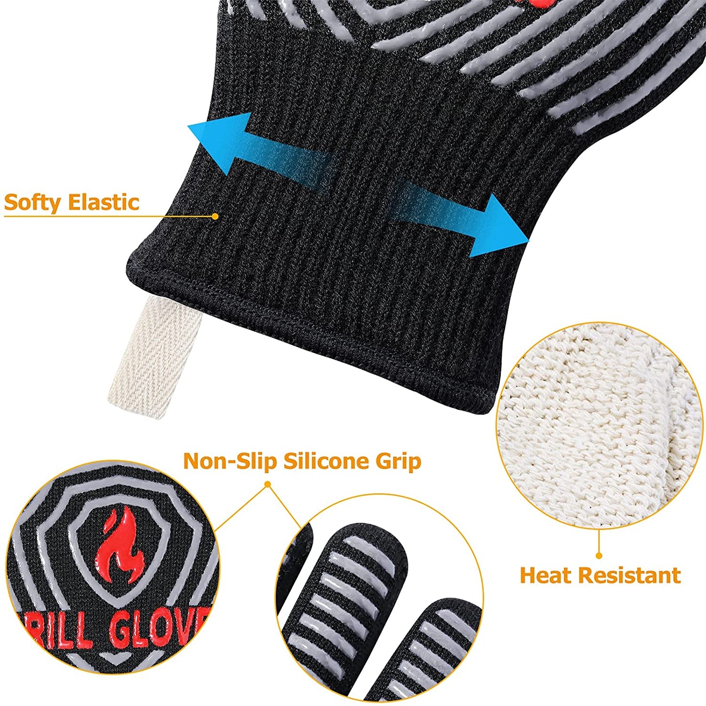 BBQ Gloves, 1472℉ Extreme Heat Resistant, Silicone Non-Slip Oven Mitts, Kitchen Gloves for Grilling, Cooking, Baking-1 Pair… (One Size Fits Most, Black)