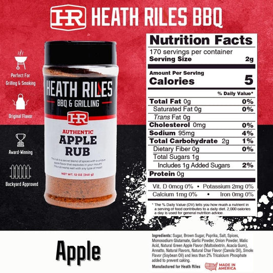 Heath Riles BBQ Apple Rub Seasoning, Champion Pitmaster Recipe, Shaker Spice Mix, 12 Oz.