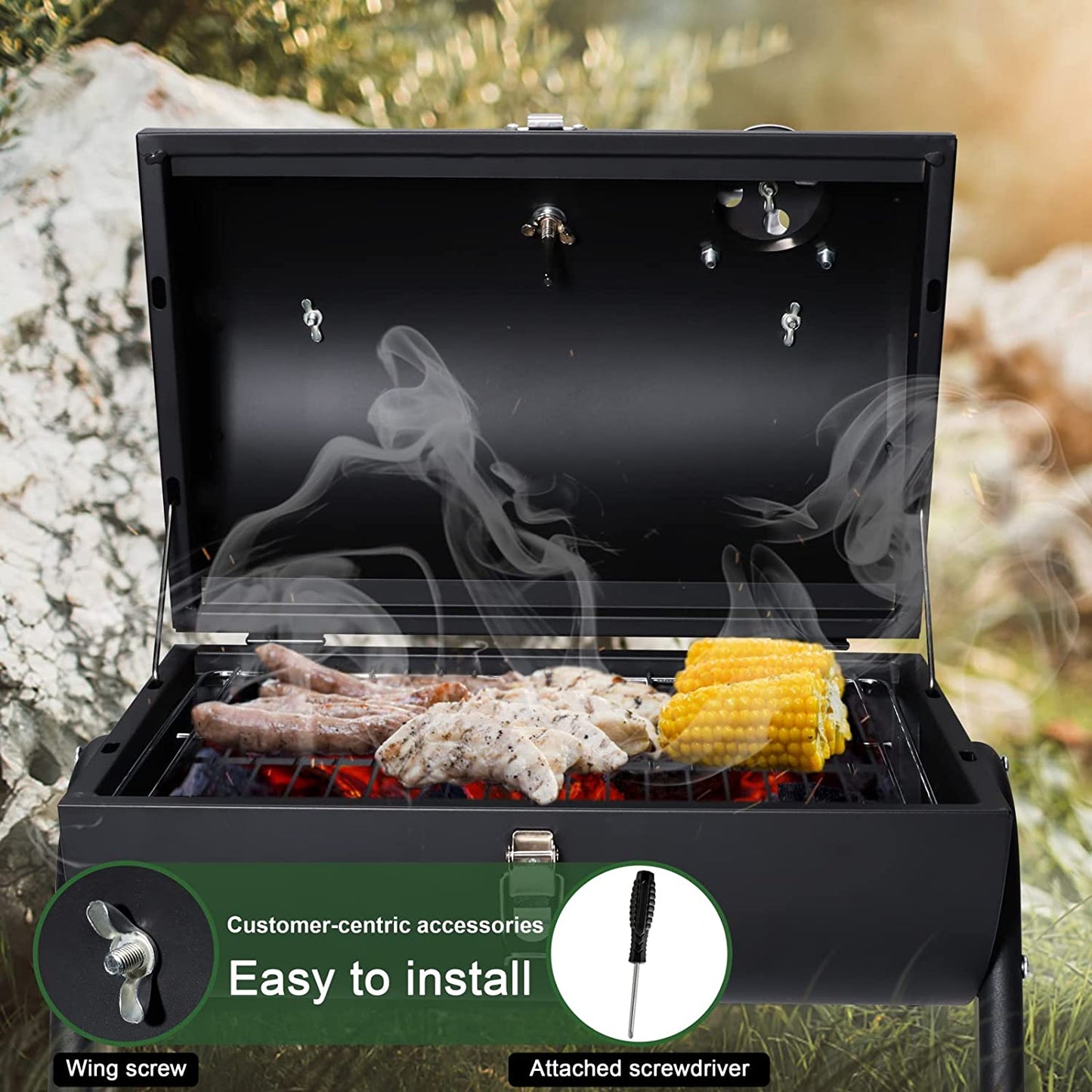 Portable Charcoal Grill, Hasteel Small Folding Outdoor Grill, Mini Black Barbecue Grill with Thermometer, Compact Tabletop BBQ Grill for Camping Picnic Backyard Patio, 116 Square Inches & Screwdriver