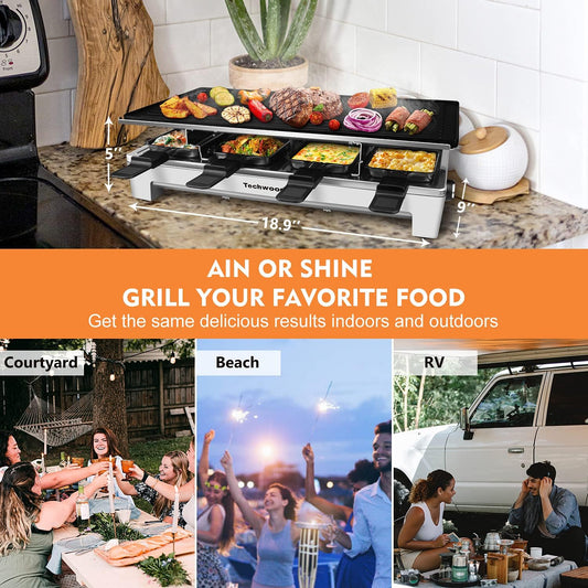 Raclette Grill, Electric Table Indoor Grill Korean BBQ Grill, Removable 2-In-1 Non-Stick Grill Plate, 1500W Fast Heating with 8 Cheese Melt Pans, Ideal for Parties and Family Fun (Silver)