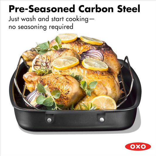 OXO Obsidian Pre-Seasoned Carbon Steel, 15" X 10.5" Roasting Pan with Stainless Steel Roaster Rack, Induction, Black