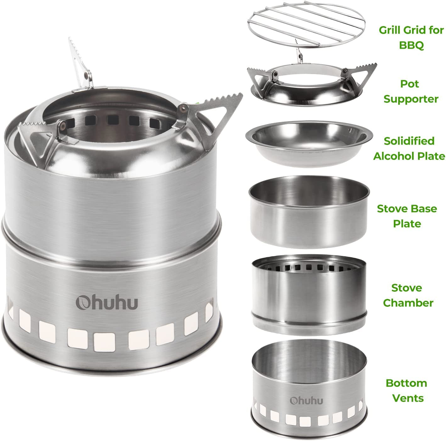 Camping Stove, Ohuhu Mini Wood Stove Stainless Steel Portable Stove, Backpacking Survival Stove Wood Burning Stove for Picnic BBQ Camp Hiking with Grill Grid and Carry Bag