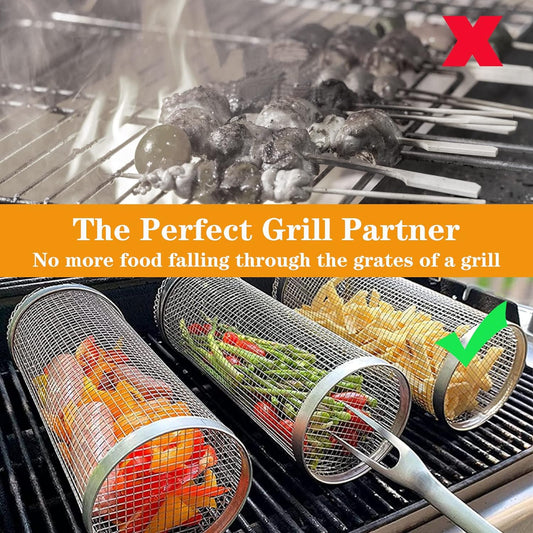 JAYUNSHY Stainless Steel Barbecue Cooking Grill Grate with Cleaning Brush, 12 Inch Rolling Grilling Basket Vegetable Grill Basket round BBQ Grill Mesh Portable Outdoor Camping BBQ Rack