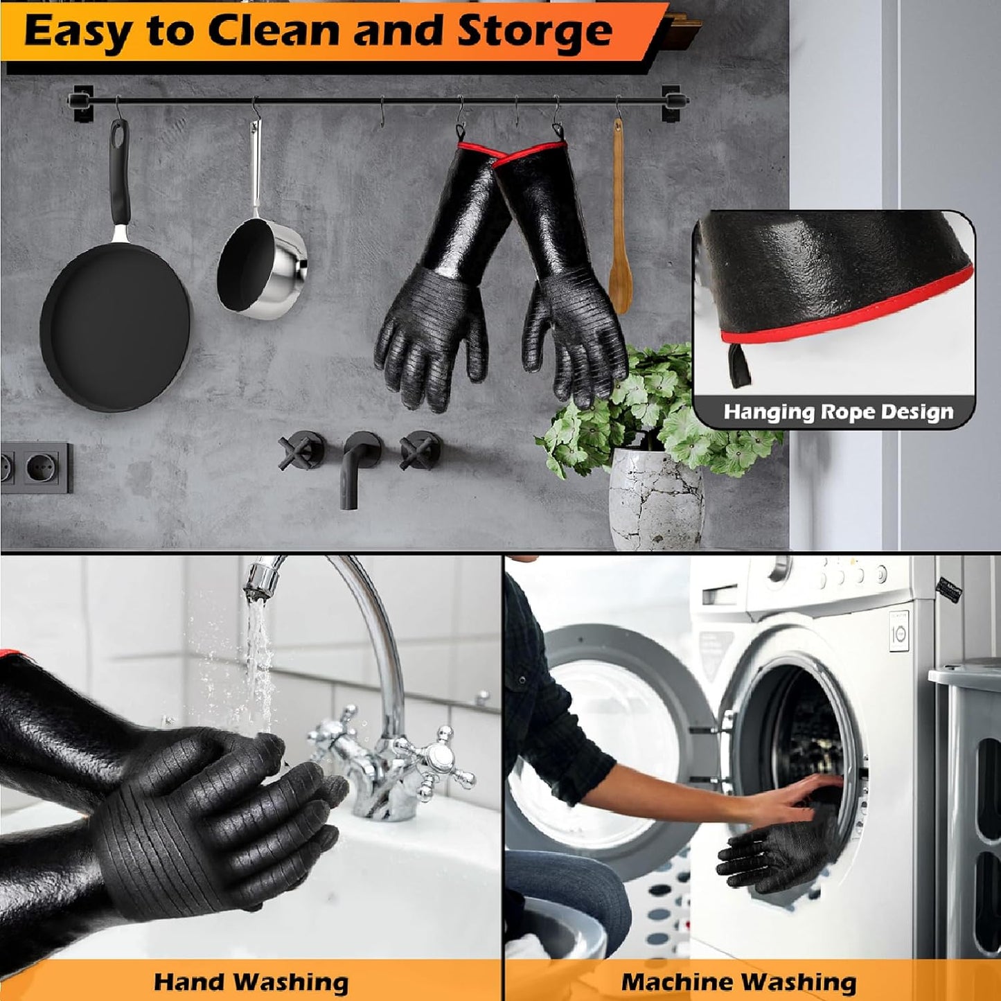 BBQ Gloves - 1472°F Thicken Heat Resistant Gloves W/S-Hook 14 in Kitchen Oven Mitts Waterproof Grill Gloves Oil Resistant Grilling Gloves Cooking Gloves for Turkey Fryer/Baking/Oven/Smoker