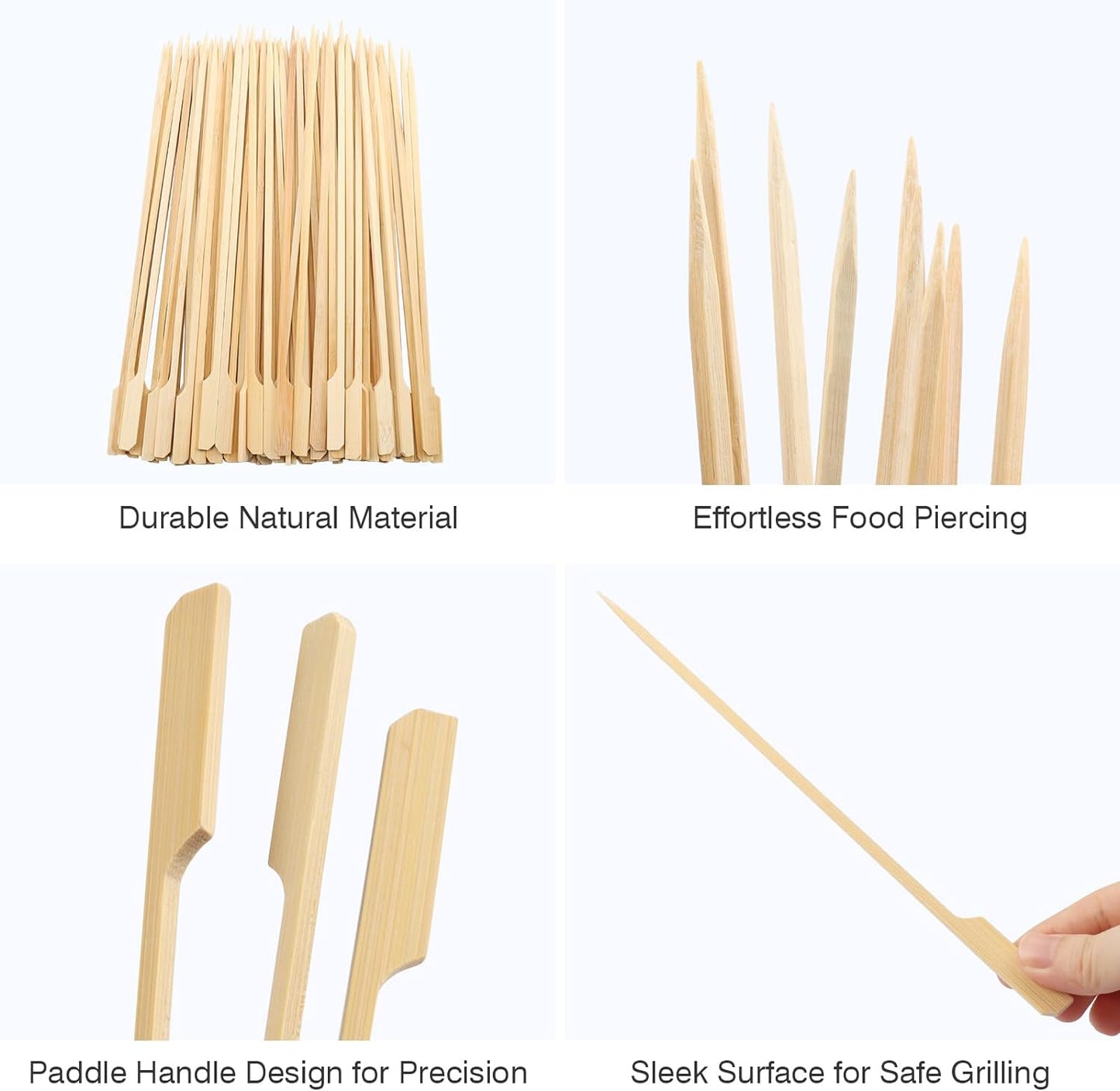 10-Inch Skewer for BBQ Kebab, Unbleached Long Bamboo/Wood Roasting Sticks for Grill -Heavy Duty Thickness -Flat Stick Flag Handle -With Dust-Free Packaging (100-Pack)