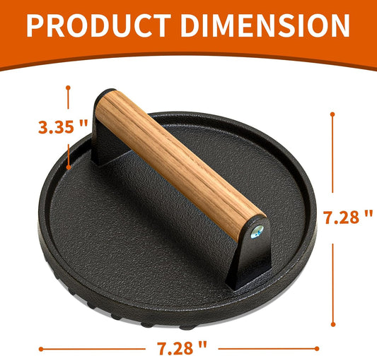 AIKKIL Burger Press, 7.08" round Heavy-Duty Cast Iron Smash Burger Press Meat Steak with Wood Handle for Blackstone, Blackstone Griddle Accessories for Sandwiches, Paninis(Round)