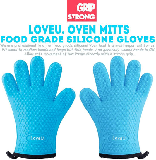 Kitchen Oven Gloves - Silicone and Cotton Double-Layer Heat Resistant Oven Mitts/Bbq Gloves/Grill Gloves - Perfect for Baking and Grilling - 1 Pair (Small, Blue)