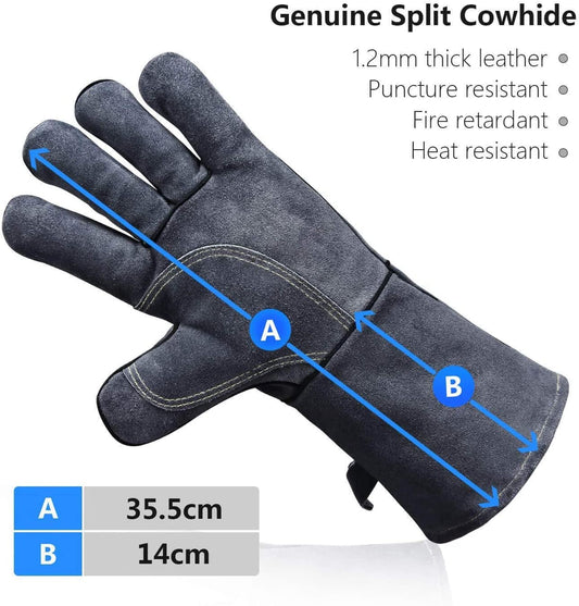 932°F Heat Resistant Forge Welding Gloves 14 Inches Cowhide Leather - Long Sleeve and Insulated Lining Grill Glove for Tig Welder/Mig/Barbecue/Green Egg/Stove Gray