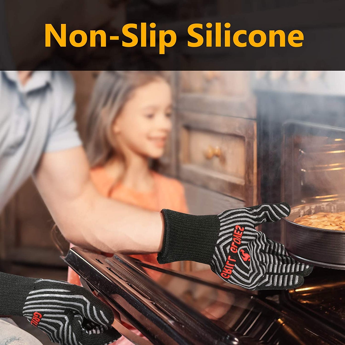 BBQ Gloves, 1472℉ Extreme Heat Resistant, Silicone Non-Slip Oven Mitts, Kitchen Gloves for Grilling, Cooking, Baking-1 Pair… (One Size Fits Most, Black)