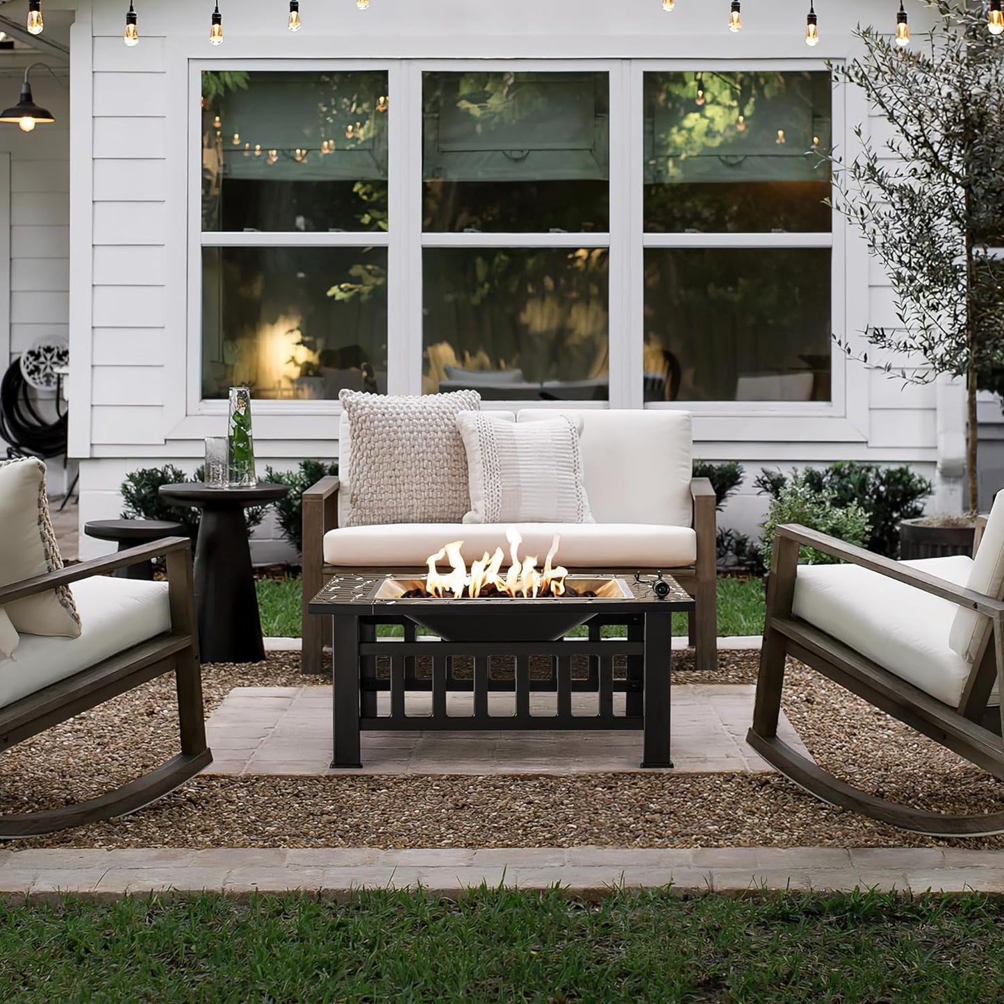 Devoko 32 Inch Metal Outdoor Fire Pit Table Multiuse Square Patio BBQ Firepit with Spark Screen Lid and Waterproof Cover for Camping, outside Wood Burning and Picnic Black