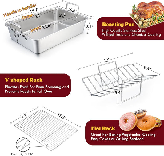 Stainless Steel Roasting Pan, E-Far 14 X 10.6 Inch Heavy Duty Turkey Roaster with V Rack & Baking Rack Set, Small Metal Deep Broiling Pan for Oven Cooking Lasagna Meat Chicken - Dishwasher Safe