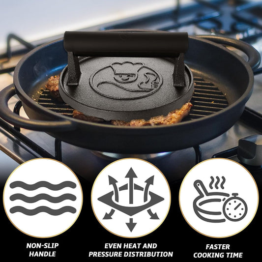 Smash Burger Press - Heavy Duty Hamburger Press W/Heat Resistant Handle - Cast Iron Grill Press, Bacon Press, Sandwich Press - round Burger Smasher for Griddle - Meat Press - BBQ Grilling Accessories