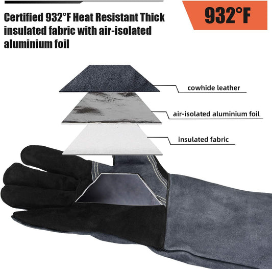 932°F Heat Resistant Welding Gloves 16 Inches Cowhide Leather - Long Sleeve and Insulated Lining BBQ Glove for Tig Welder/Mig/Grill/Barbecue/Green Egg/Stove Black-Gray