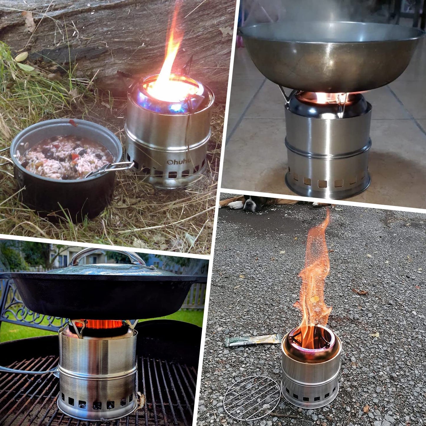 Camping Stove, Ohuhu Mini Wood Stove Stainless Steel Portable Stove, Backpacking Survival Stove Wood Burning Stove for Picnic BBQ Camp Hiking with Grill Grid and Carry Bag