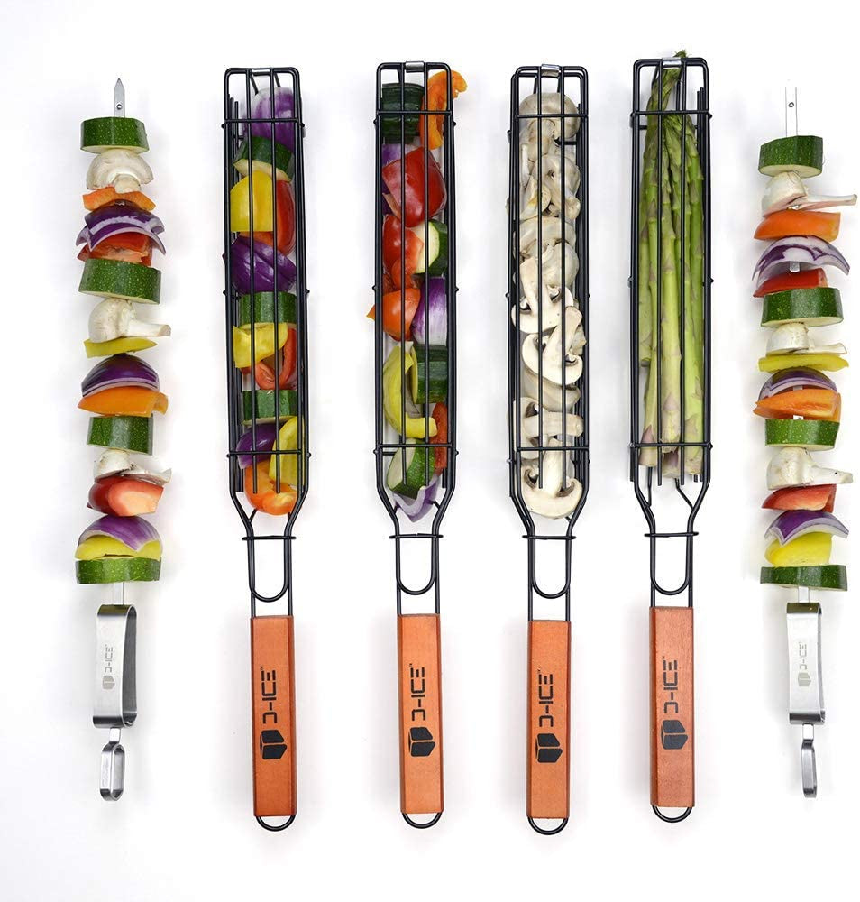Kebab Grilling Basket & Grilling Skewers Stainless Steel - Kabob Grilling Baskets Set of 4 & 2 Metal BBQ Skewers. Kabob Basket for Veggies, Jumbo Shrimps - Grilling Baskets & Barbecue Skewers