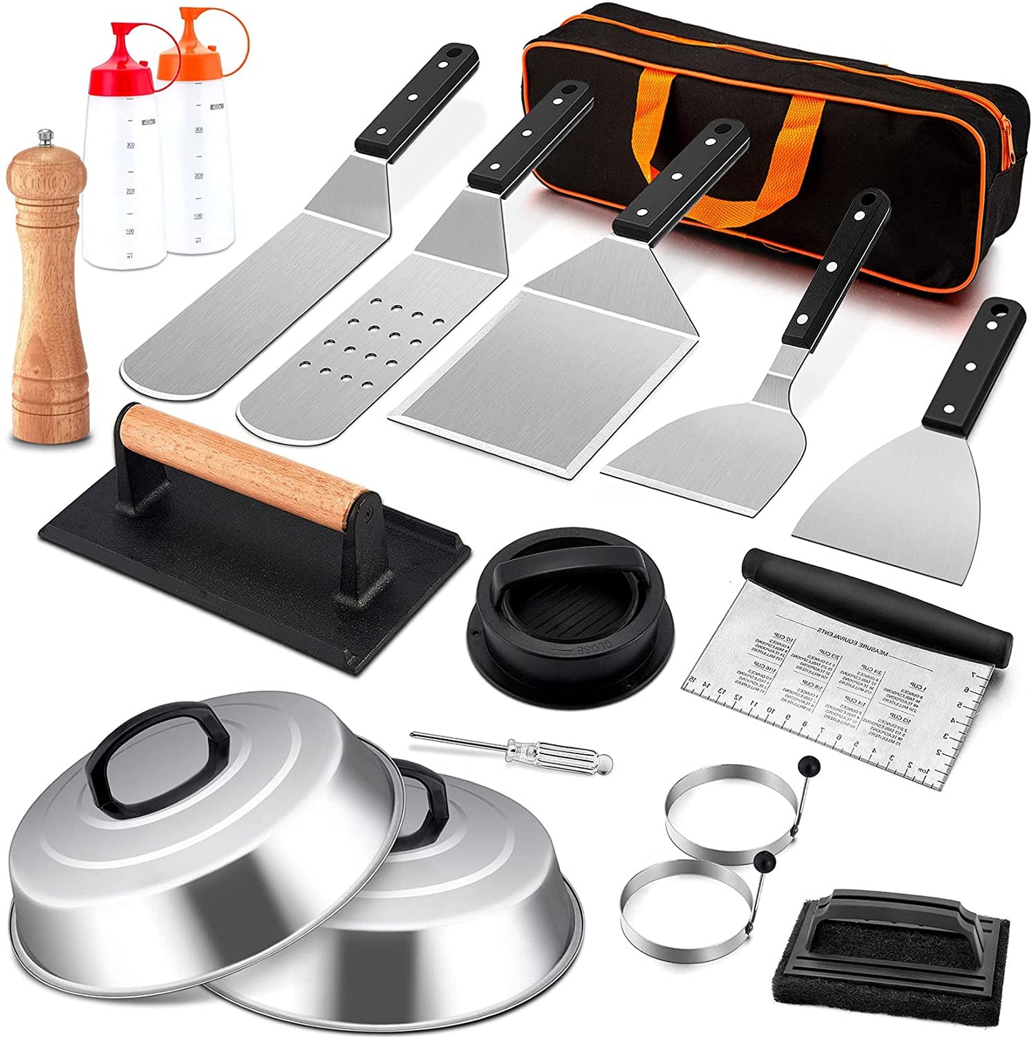 18Pcs Griddle Accessories Set, Stainless Steel Flat Top Grill Spatula Kit for Outdoor Barbecue Teppanyaki Camping Cooking, Included Melting Dome, Burger Turner, Carrying Bag and More Tools