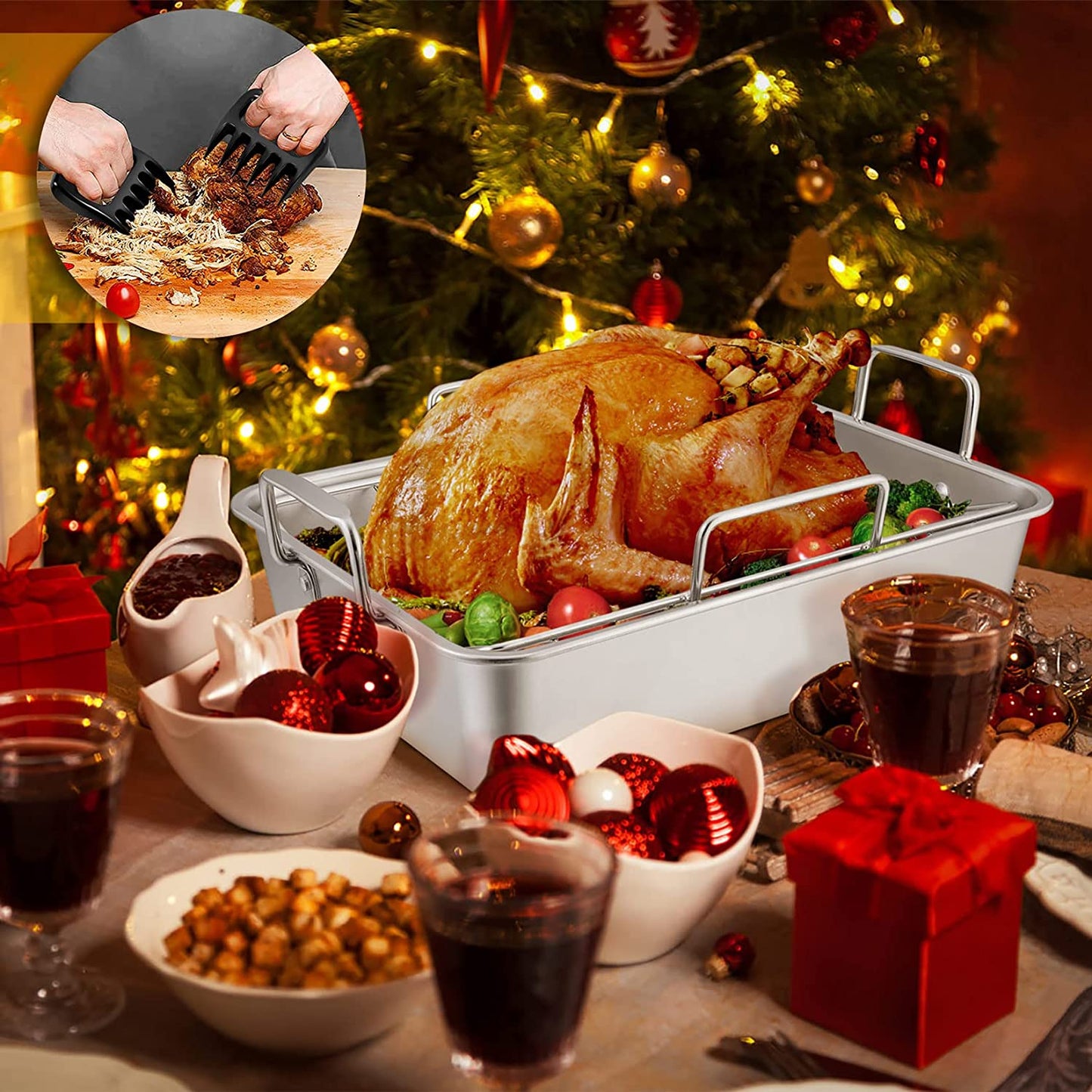 15¼" Roasting Pan with Rack, 7 PCS P&P CHEF Stainless Steel Roaster Lasagna Pan with Cooling Flat & V-Shaped Baking Rack, Grilling Chicken Holder, Meat Shredding Claws, Dishwasher & Oven Safe