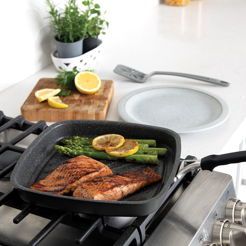 Verde Aluminized Steel Cookware with Ceramic Coating, Searing Grill Pan 10-Inch