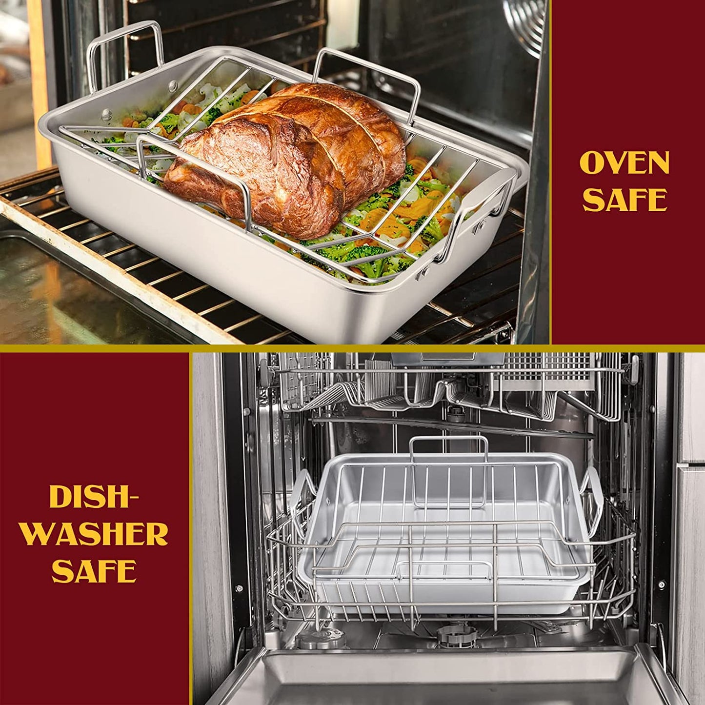 Stainless Steel Roasting Pan, E-Far 14 X 10.6 Inch Heavy Duty Turkey Roaster with V Rack & Baking Rack Set, Small Metal Deep Broiling Pan for Oven Cooking Lasagna Meat Chicken - Dishwasher Safe