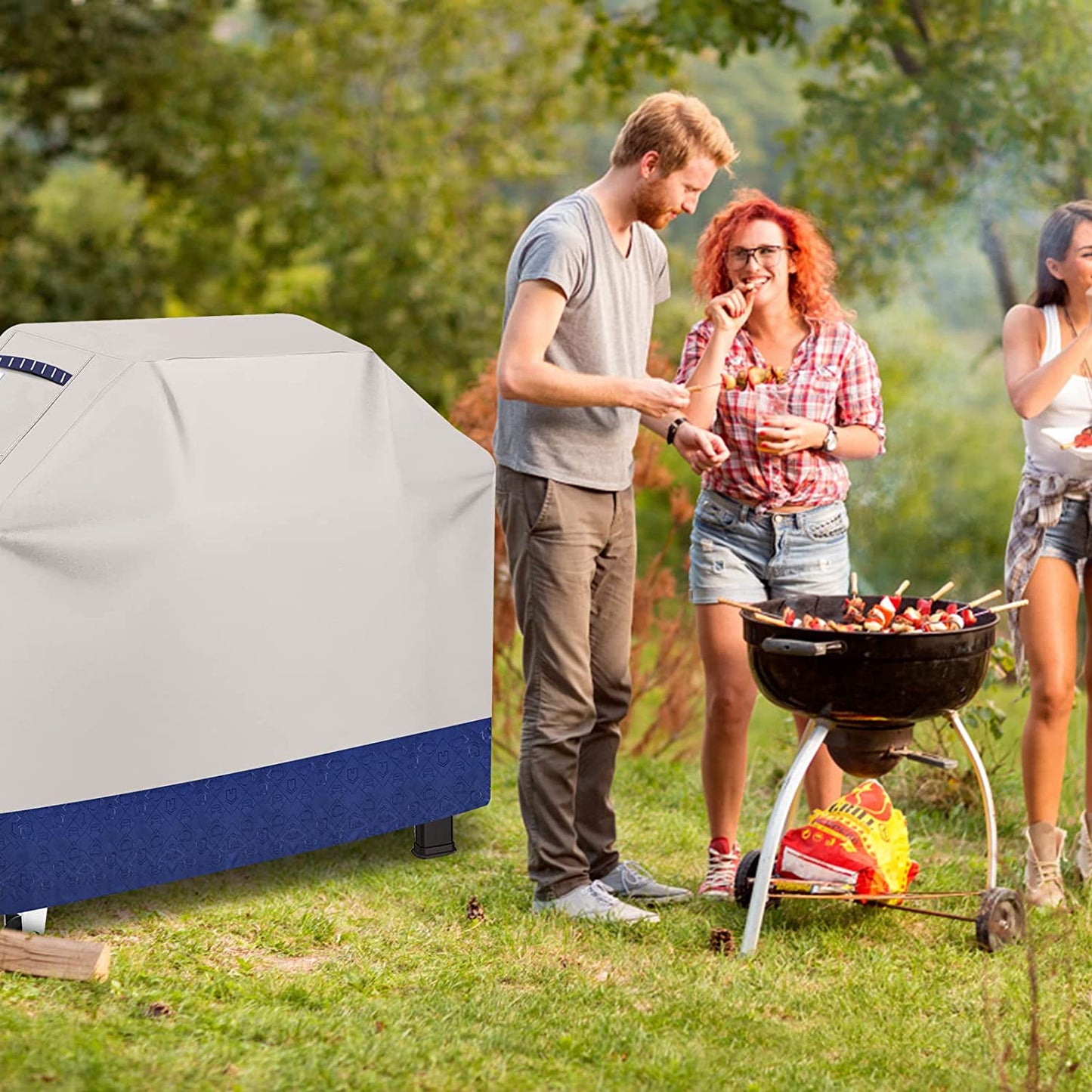 Grill Cover BBQ Grill Cover 600D Waterproof Heavy Duty Gas Grill Cover, UV & Dust & Rip-Proof, Barbecue Grill Covers for Weber, Brinkmann, Char Broil Grills (64" L X 26" W X 48" H Fog/Navy)
