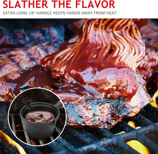 6 Pieces Iron Basting Pot and Brush for Grilling Barbecue Accessories 18 Inches Grill Basting Brush Wooden Long Handle BBQ Mop Brush for Sauce with Extra Replacement Heads and Saucepan for Grilling