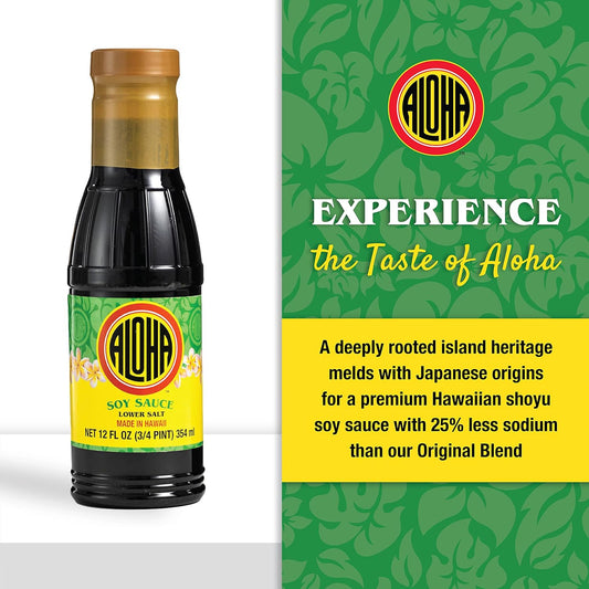Aloha Shoyu Soy Sauce, Lower Salt - Hawaiian Soy Sauce with Smooth, Balanced Flavor - Authentic Soy Sauce for Cooking, Marinades, and Dips - Premium Shoyu Soy Sauce Made in Hawaii - 12 Oz