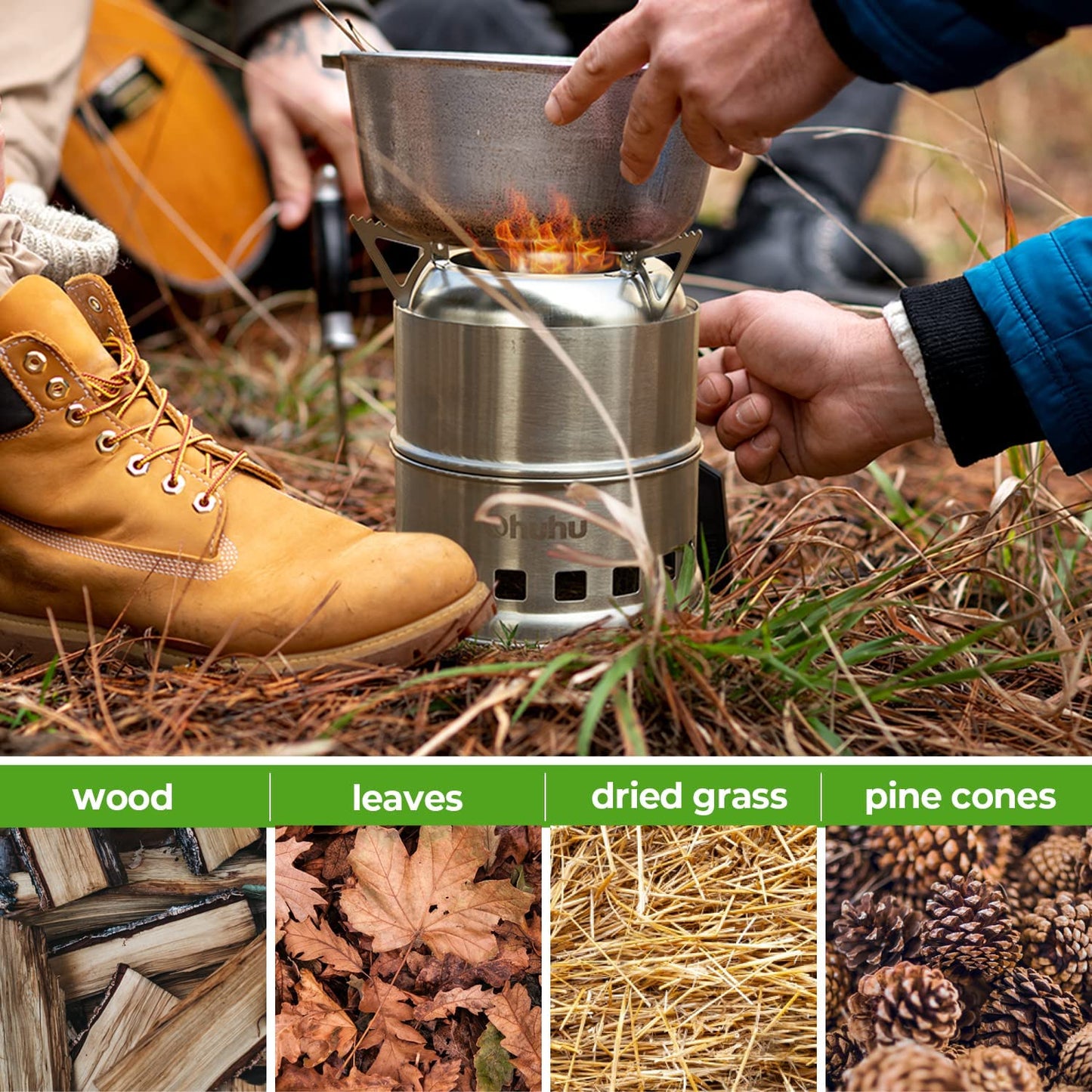 Camping Stove, Ohuhu Mini Wood Stove Stainless Steel Portable Stove, Backpacking Survival Stove Wood Burning Stove for Picnic BBQ Camp Hiking with Grill Grid and Carry Bag