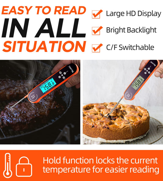 Digital Cooking Thermometer, Accurate & Waterproof Instant Read Meat Thermometer with Backlit, Calibration, Probe, Food Thermometer for Kitchen, Grilling, Candy, BBQ, Oil Fry, Baking and More