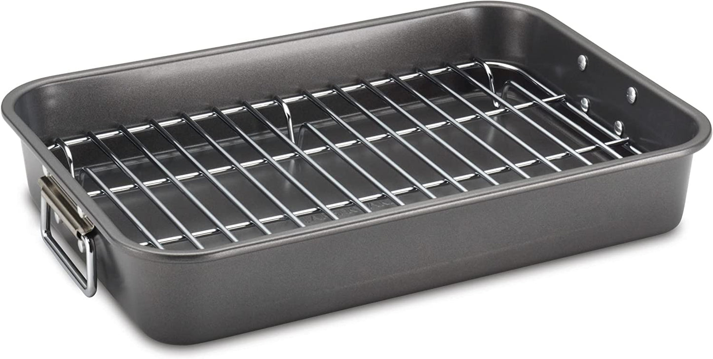 Farberware Bakeware Nonstick Steel Roaster with Flat Rack, 11-Inch X 15-Inch, Gray