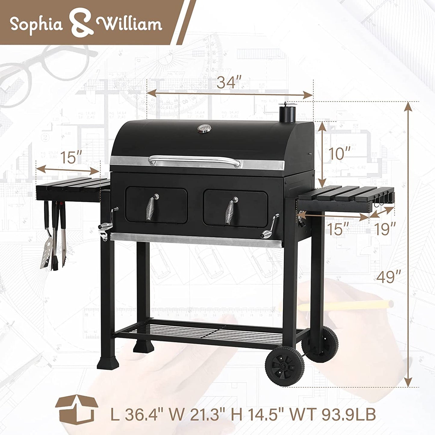 Sophia & William Heavy-Duty Charcoal BBQ Grills Extra Large Outdoor Barbecue Grill with 794 SQ.IN. Cooking Area, Dual-Zone Individual & Adjustable Charcoal Tray and Foldable Side Table, Black