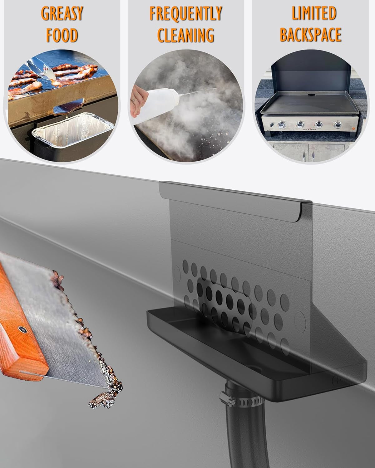 Rear Grease Drainage Funnel for Blackstone Grease Catcher Upgrade, Blackstone Grease Trap with Integrated Grease Gate Replace Grease Cup for Liners Saving, Blackstone Griddle Accessories, Reusable