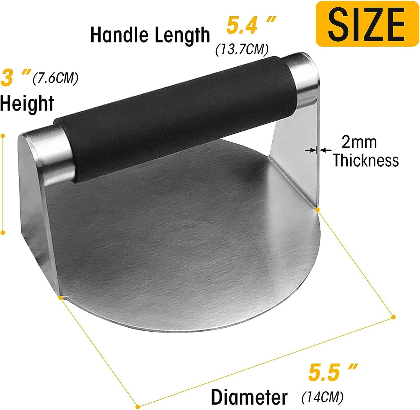 PMYEK Burger Press with Anti-Scald Handle, 5.5 Inch Stainless Steel Burger Smasher, round Non-Stick Hamburger Press for Griddle, Griddle Accessories Kit for Flat Grill Cooking