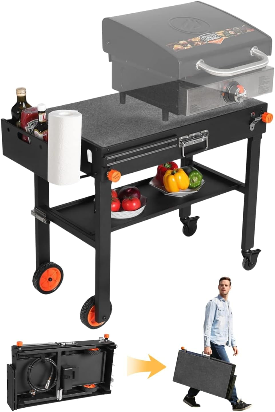 Jirichmi Outdoor Grill Table,Blackstone Griddle Stand,Bbq Prep Table with Wheels and Seasoning Tray,Universal Grill Cart Fit 17 Inch or 22 Inch Griddle,Folds Flat Quickly Ninja Grill Stand