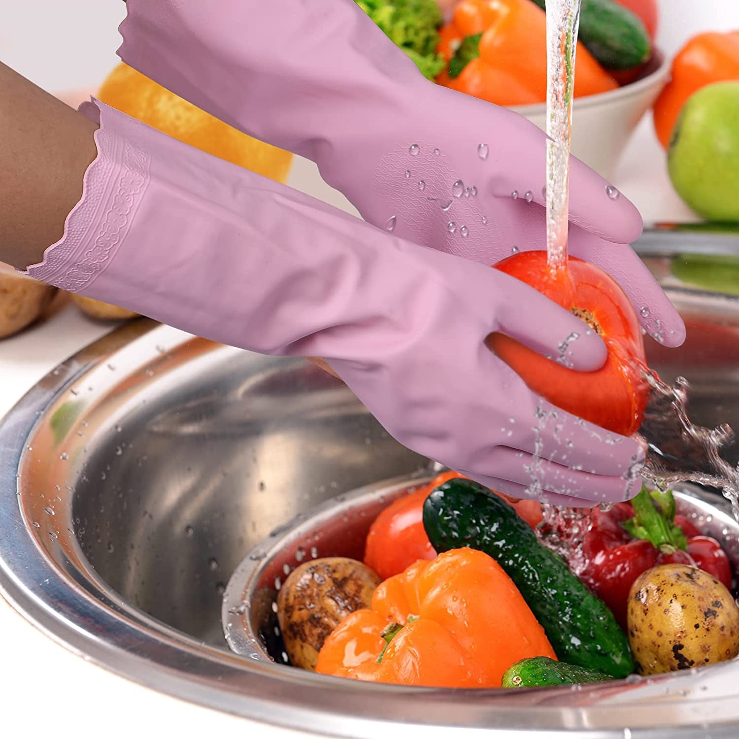Rubber Cleaning Gloves - 3 Pairs Latex Free Kitchen Cleaning Gloves with Cotton Liner- Household Dishwashing Gloves, Non- Slip Waterproof (Large, Blue+Pink+White)