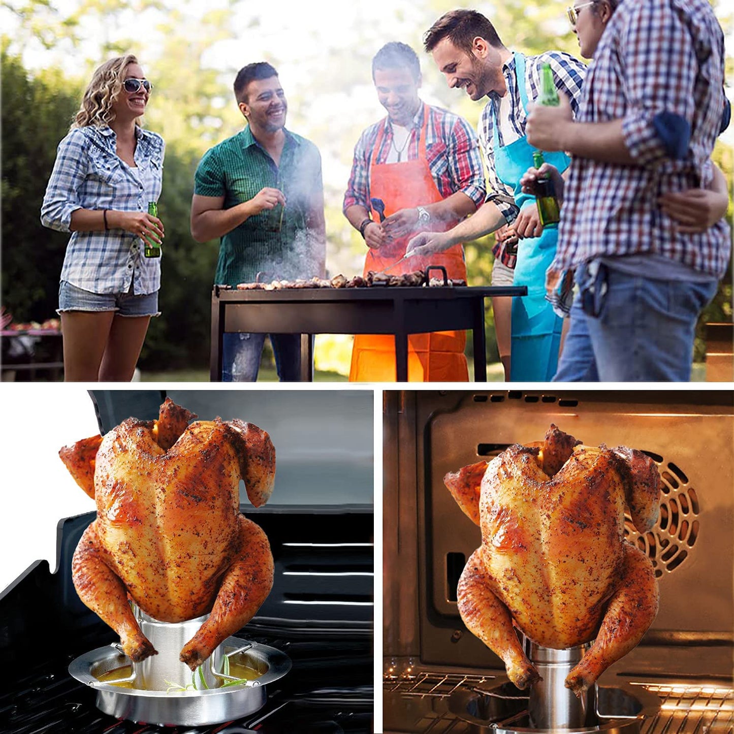 AMOZO Beer Can Chicken Roaster Stand - the New Stainless Steel Chicken Holder - Poultry Roasters with Flavouring Container.(1 Pack)