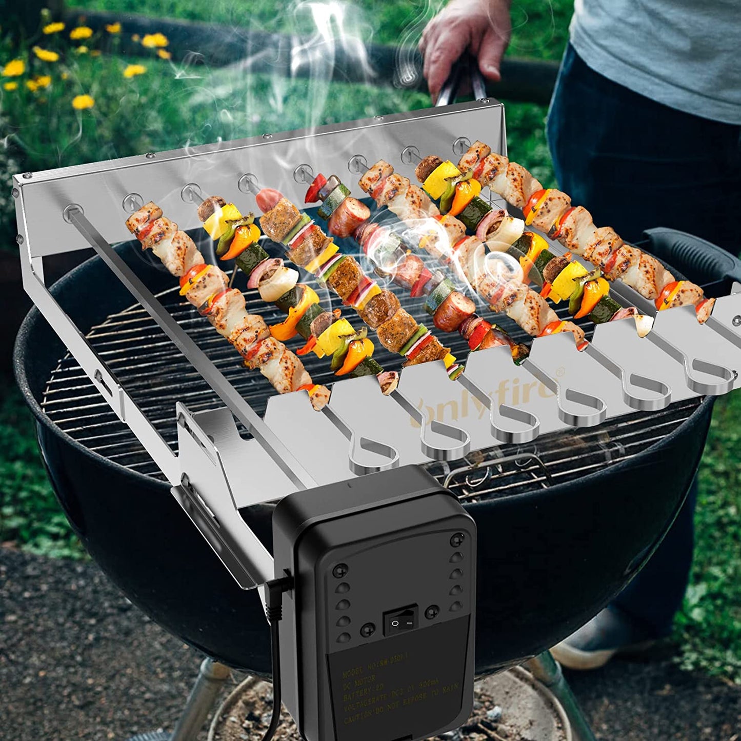 Only Fire Stainless Steel Electric Skewer Turner, Rotated Grilling Rack Shish Kabob Set with 7 Skewers and Dual-Purpose Rotisserie Motor