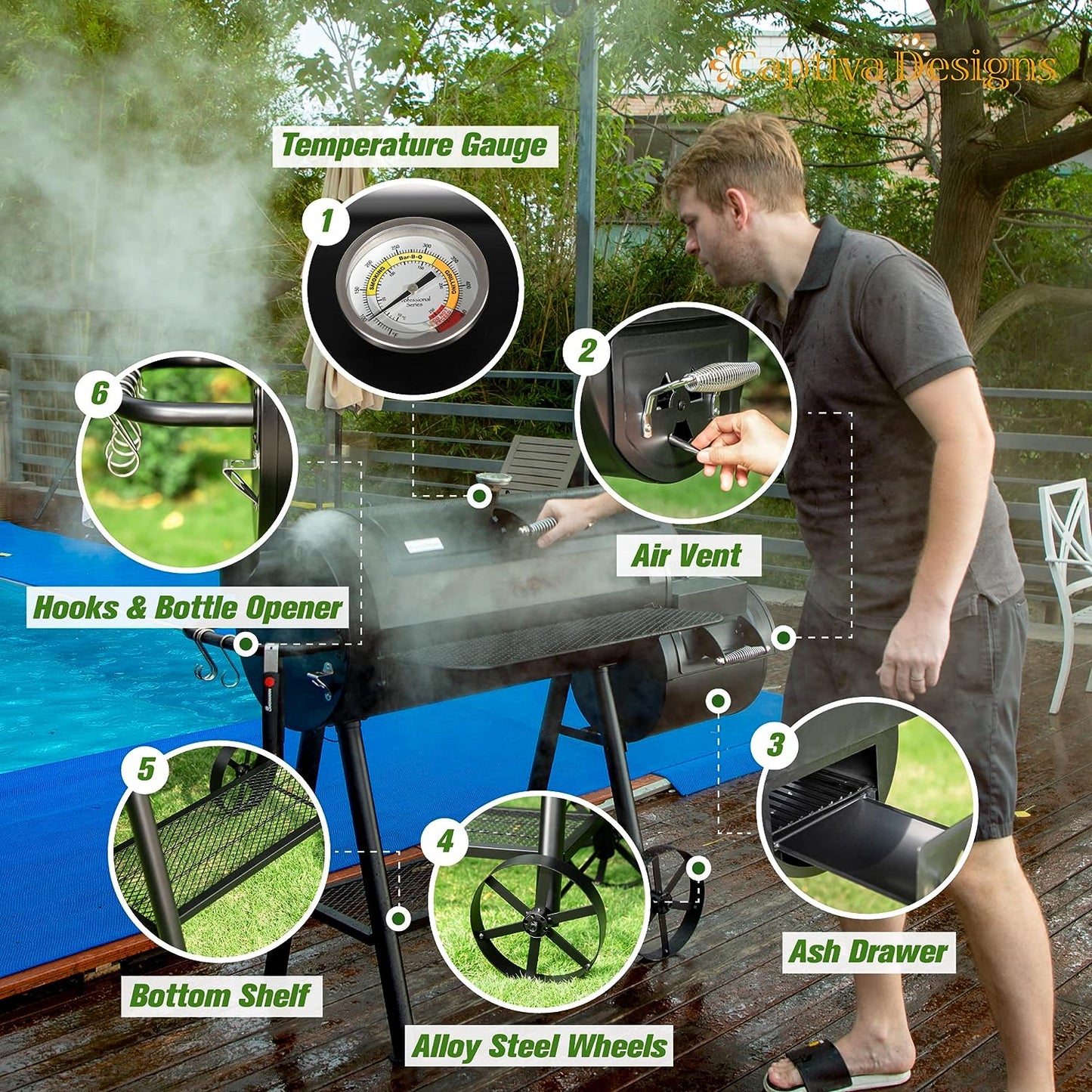 Captiva Designs Heavy Duty Outdoor Smoker,Extra Large Cooking Area(941 Sq.In. in Total) Offset Smoker, Best Charcoal Smoker and Grill Combo for Outdoor Garden Patio and Backyard Cooking