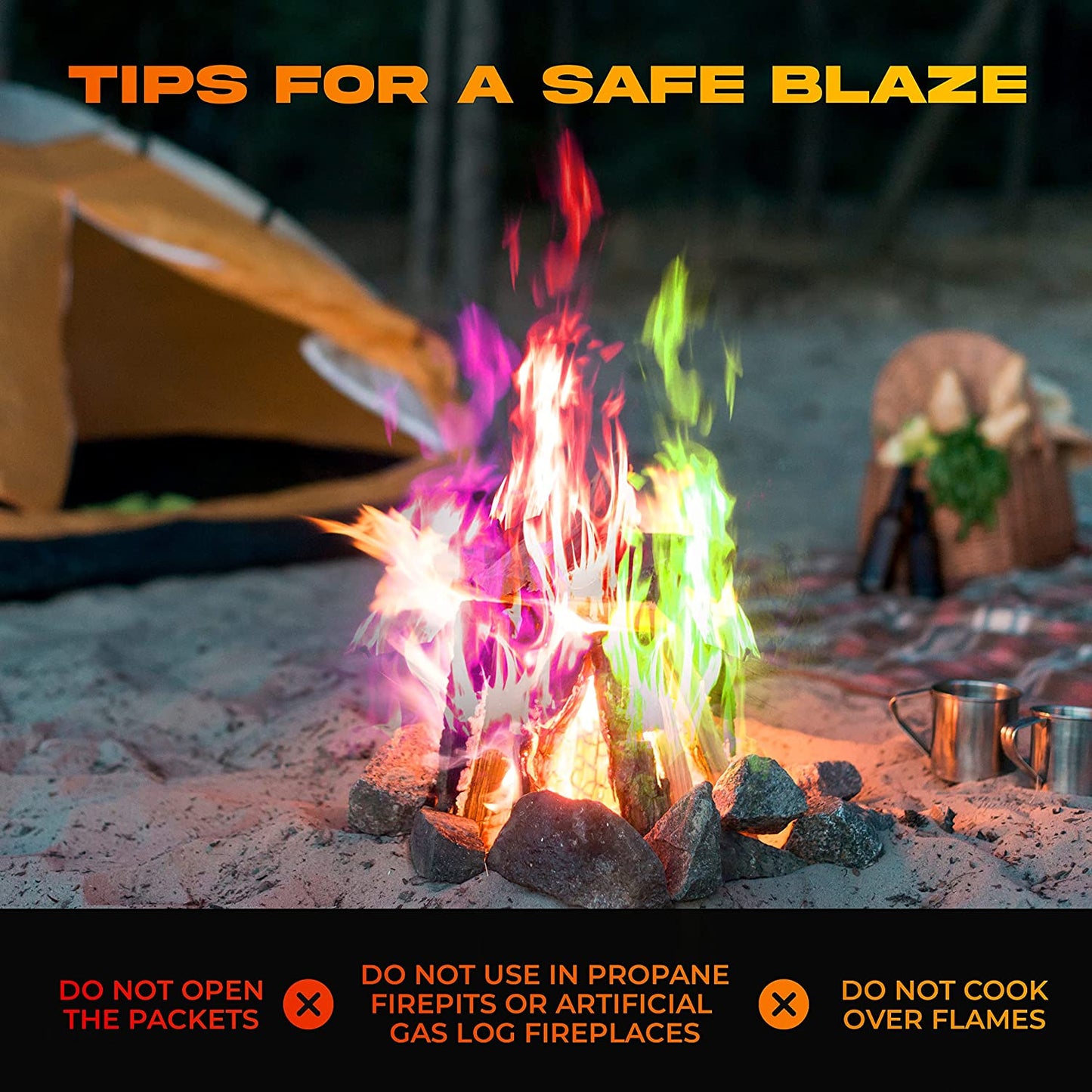 Party Flames Fire Color Changing Packets (10 Pack) - Fire Pit, Campfires, Bonfire, Outdoor Fireplaces - Magic Colorful Cosmic Flame Powder - Perfect Fire Camping Accessories for Kids & Adults