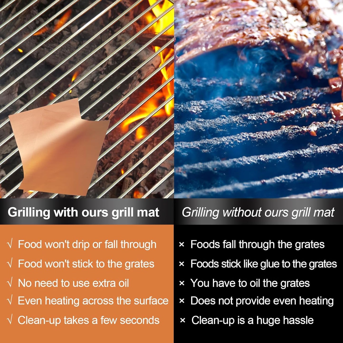 Copper Grill Mats for Outdoor Grill, Set of 6 Heavy Duty Grill Mats, Non Stick BBQ Grill Mats & Baking Mats, Resuable and Easy to Clean, Works on Gas Charcoal and Electric BBQ-15.75 X 13 Inch