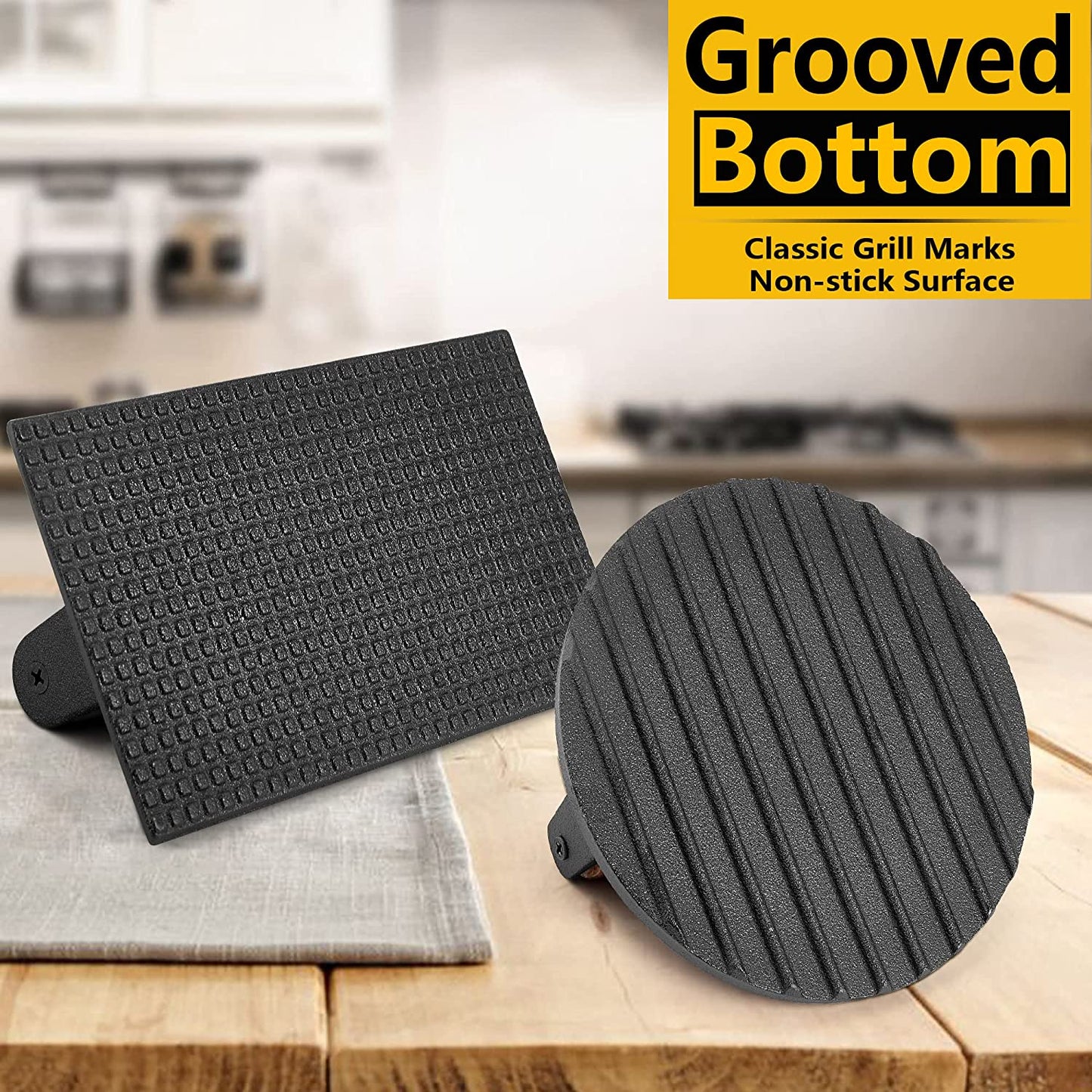 Leonyo 2Pcs Smash Burger Press, Bacon Press for Griddle, round Cast Iron Grill Press for Flat Top Grill, Rectangular Hamburger Smasher for Griddle, Food Meat Press for Steak, Sandwich, Nonstick Pan