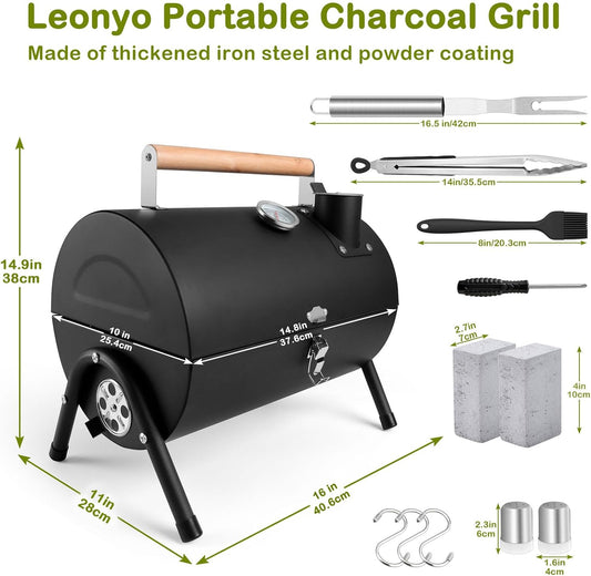 Leonyo Portable Charcoal Grill Set of 12, Small BBQ Grill, Mini Tabletop Charcoal Grill with Barbecue Fork, Tongs, Compact Camping Grills for Outdoor RV Traveling Picnic, Patio, Backyard, Beach